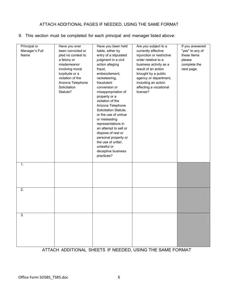 Form SOSBS_TSRS Telephone Seller Registration - Arizona, Page 6