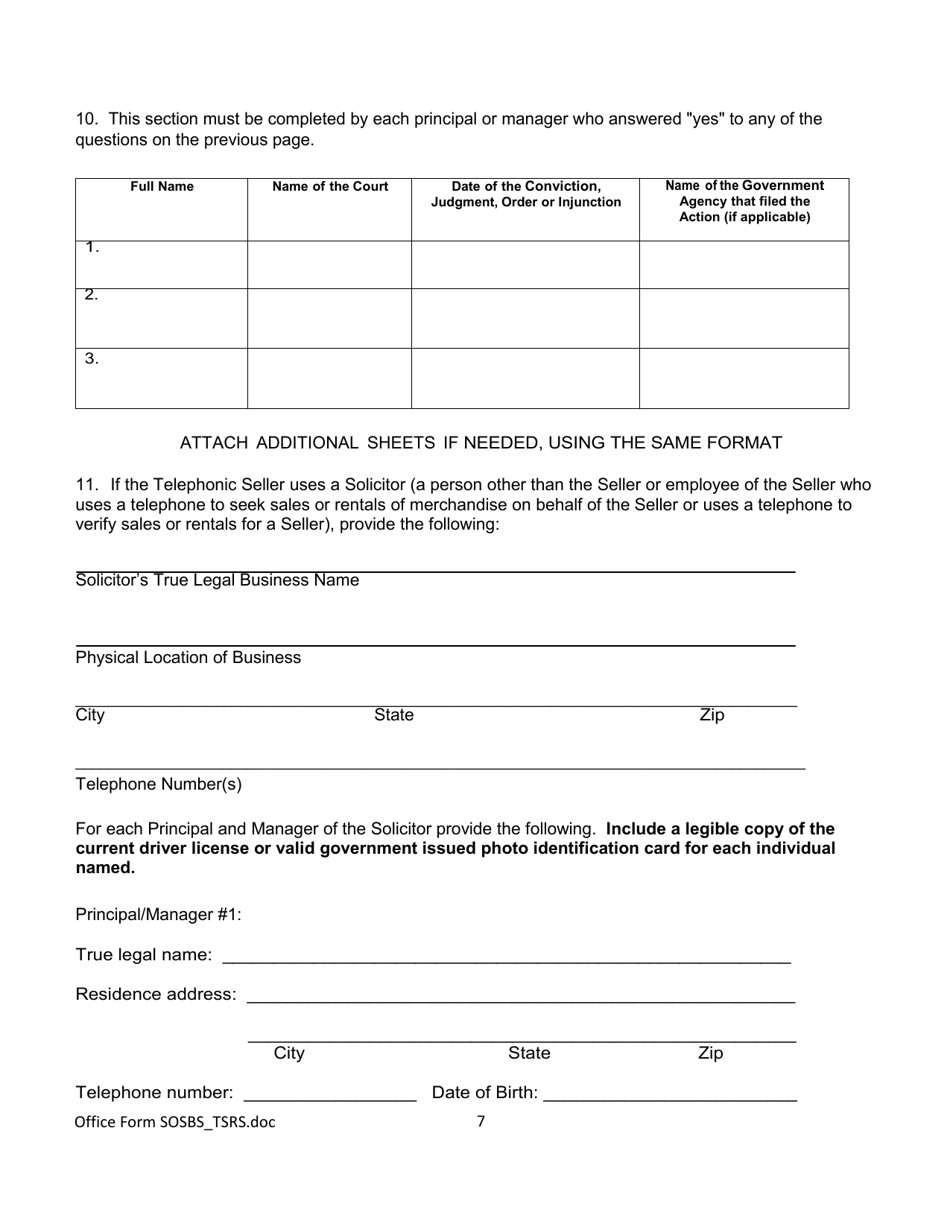 Form SOSBS_TSRS Telephone Seller Registration - Arizona, Page 7