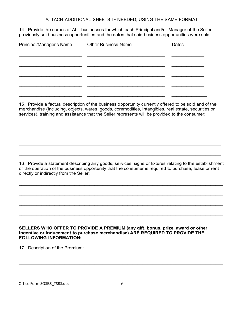 Form SOSBS_TSRS Telephone Seller Registration - Arizona, Page 9