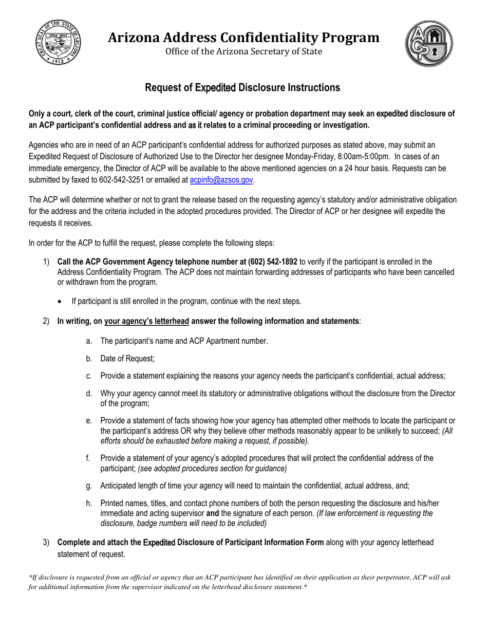 Instructions for Expedited Disclosure of Participant Information Form - Arizona, Page 1
