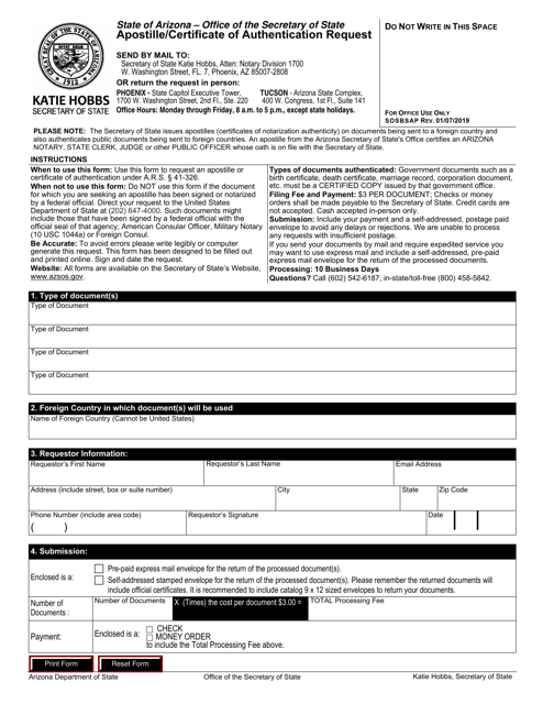 Form SOSBSAP Apostille/Certificate of Authentication Request - Arizona
