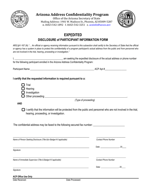Expedited Disclosure of Participant Information Form - Arizona Download Pdf