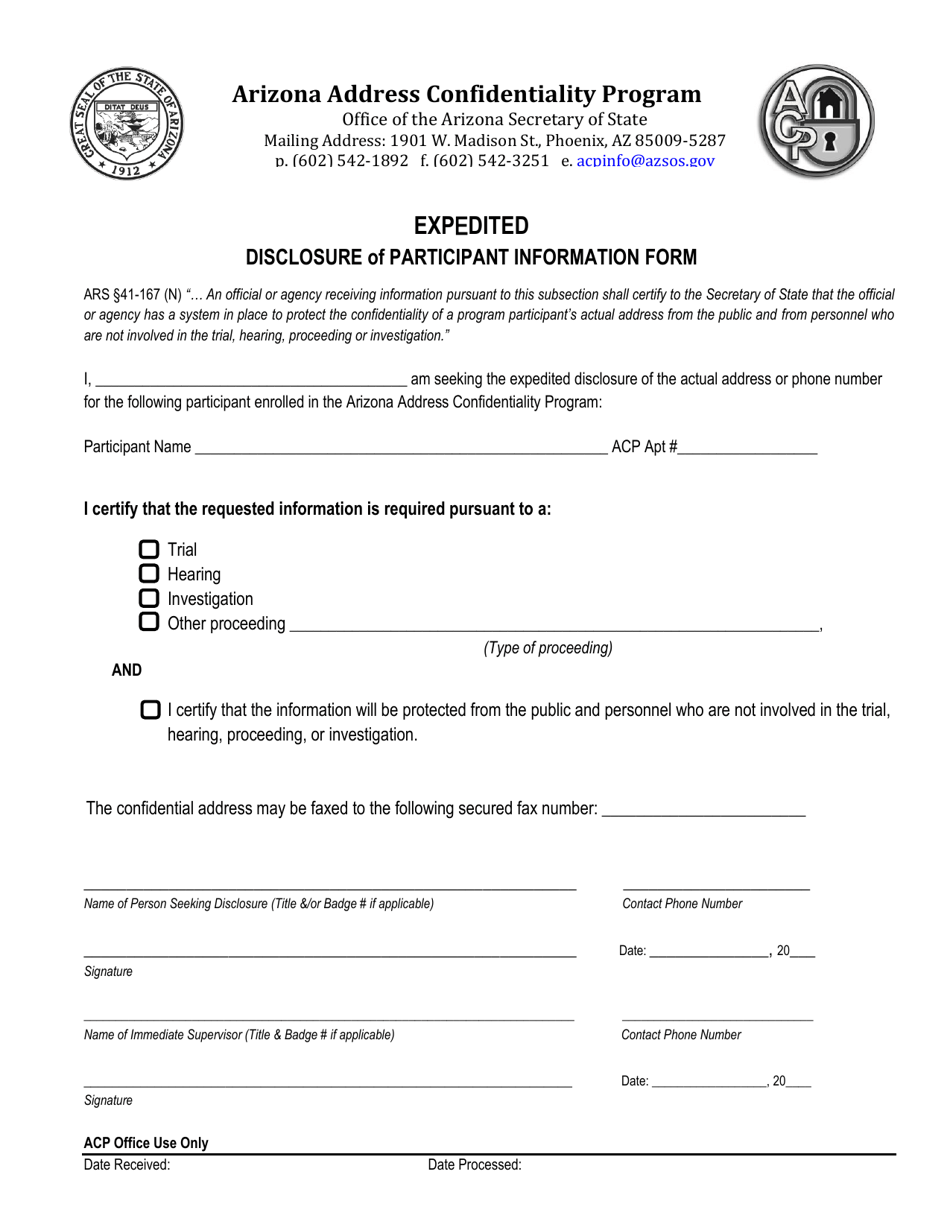 Expedited Disclosure of Participant Information Form - Arizona, Page 1