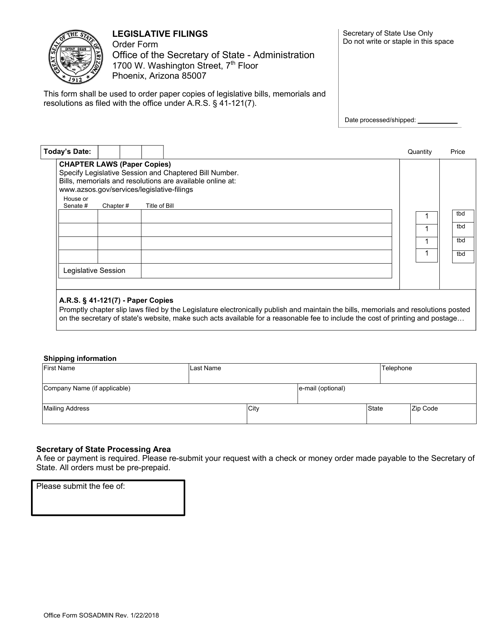 Form SOSADMIN Legislative Filings Order Form - Arizona