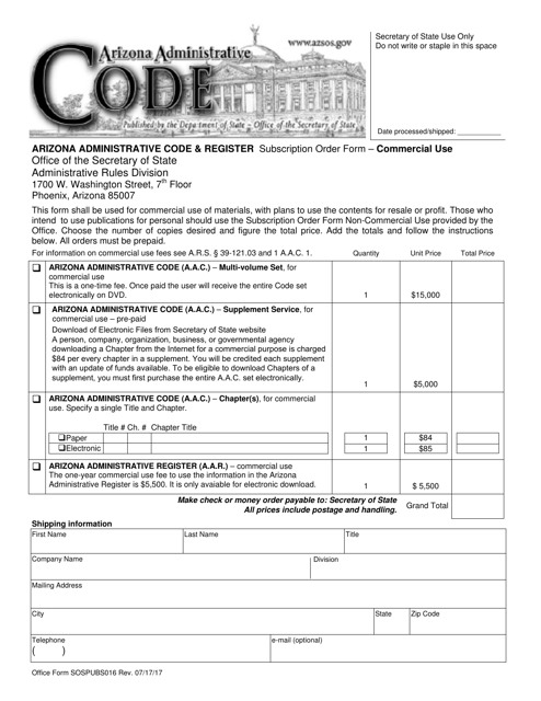 Form SOSPUBS016 Subscription Order Form - Commercial Use - Arizona