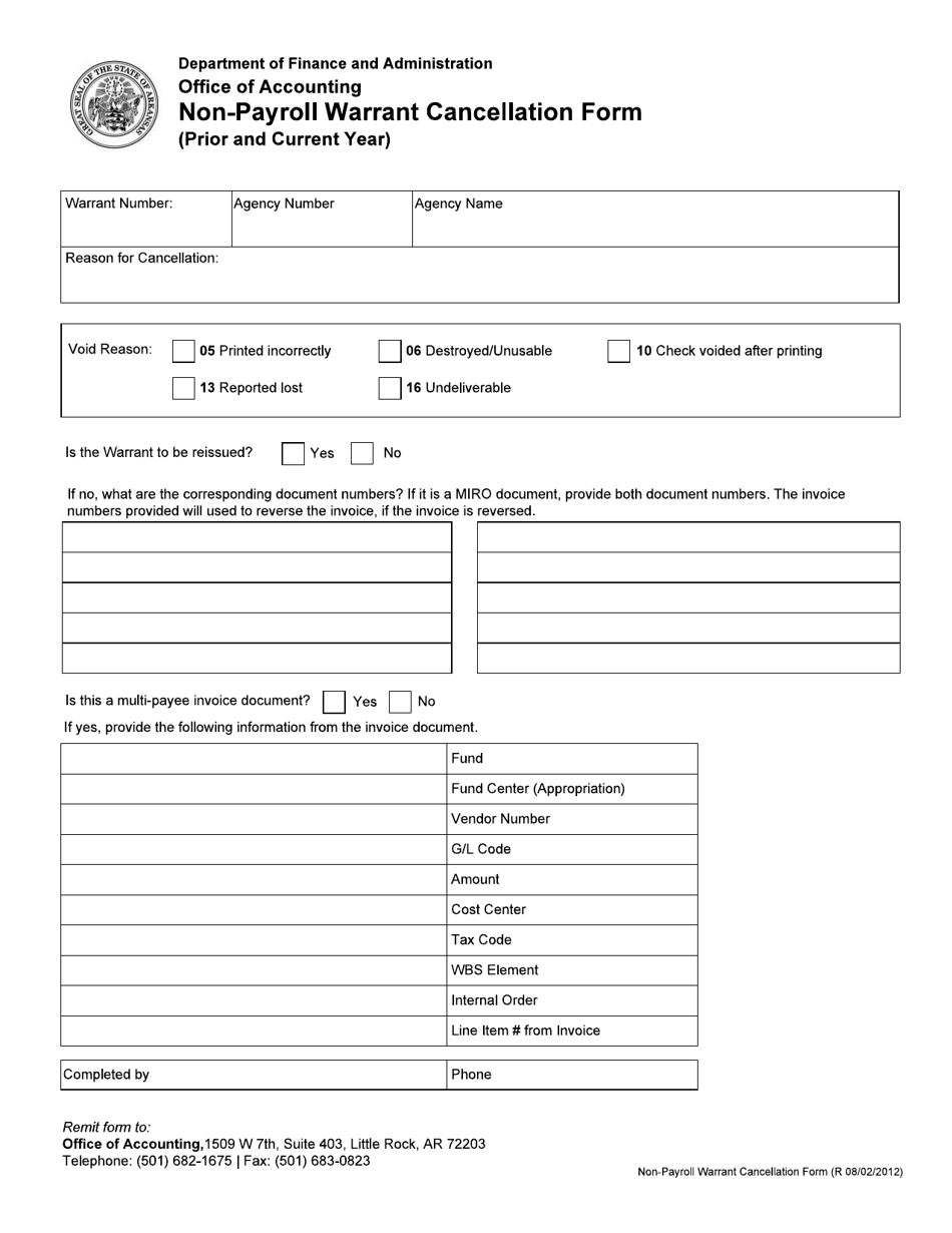 Non-payroll Warrant Cancellation Form (Prior and Current Year) - Arkansas, Page 1