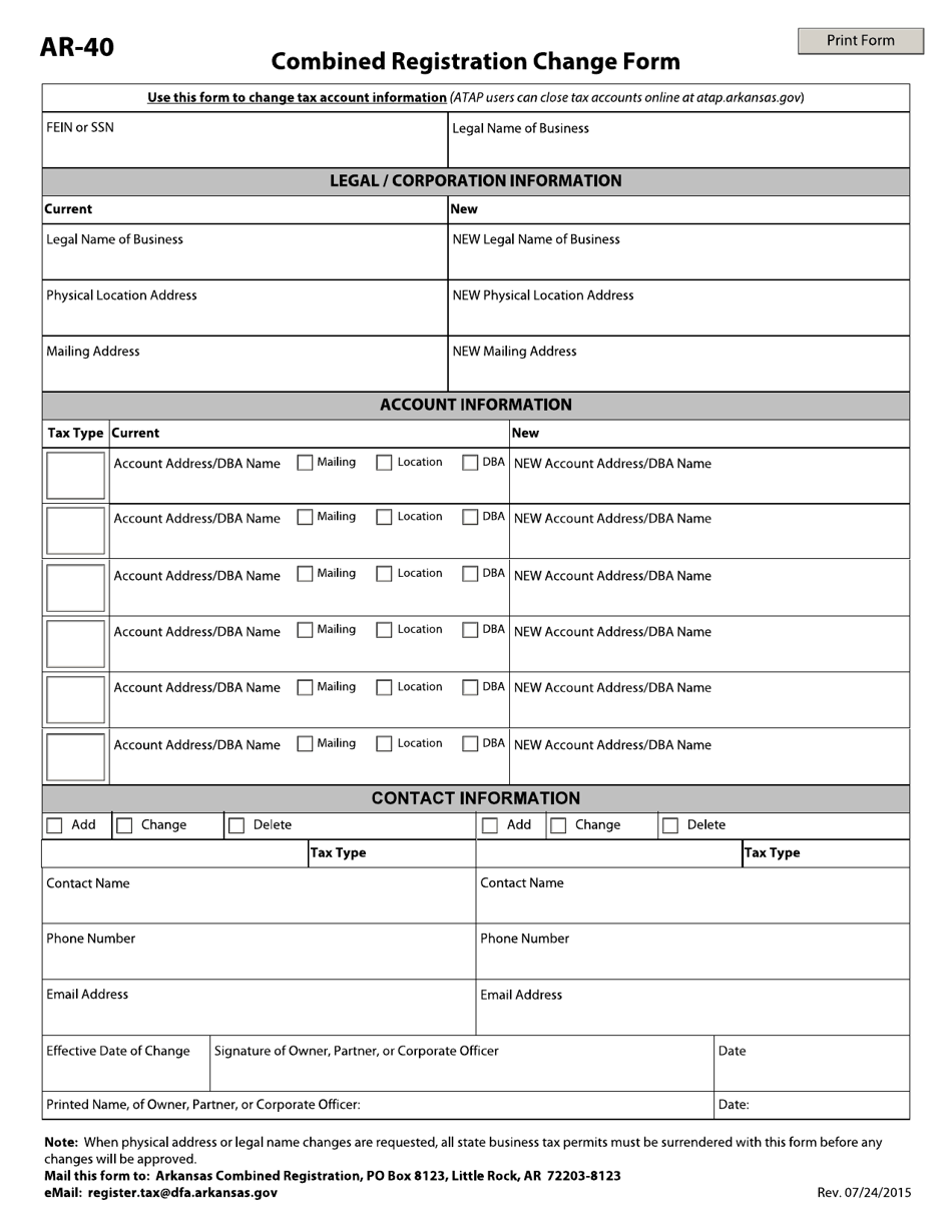 Form AR-40 Combined Registration Change Form - Arkansas, Page 1