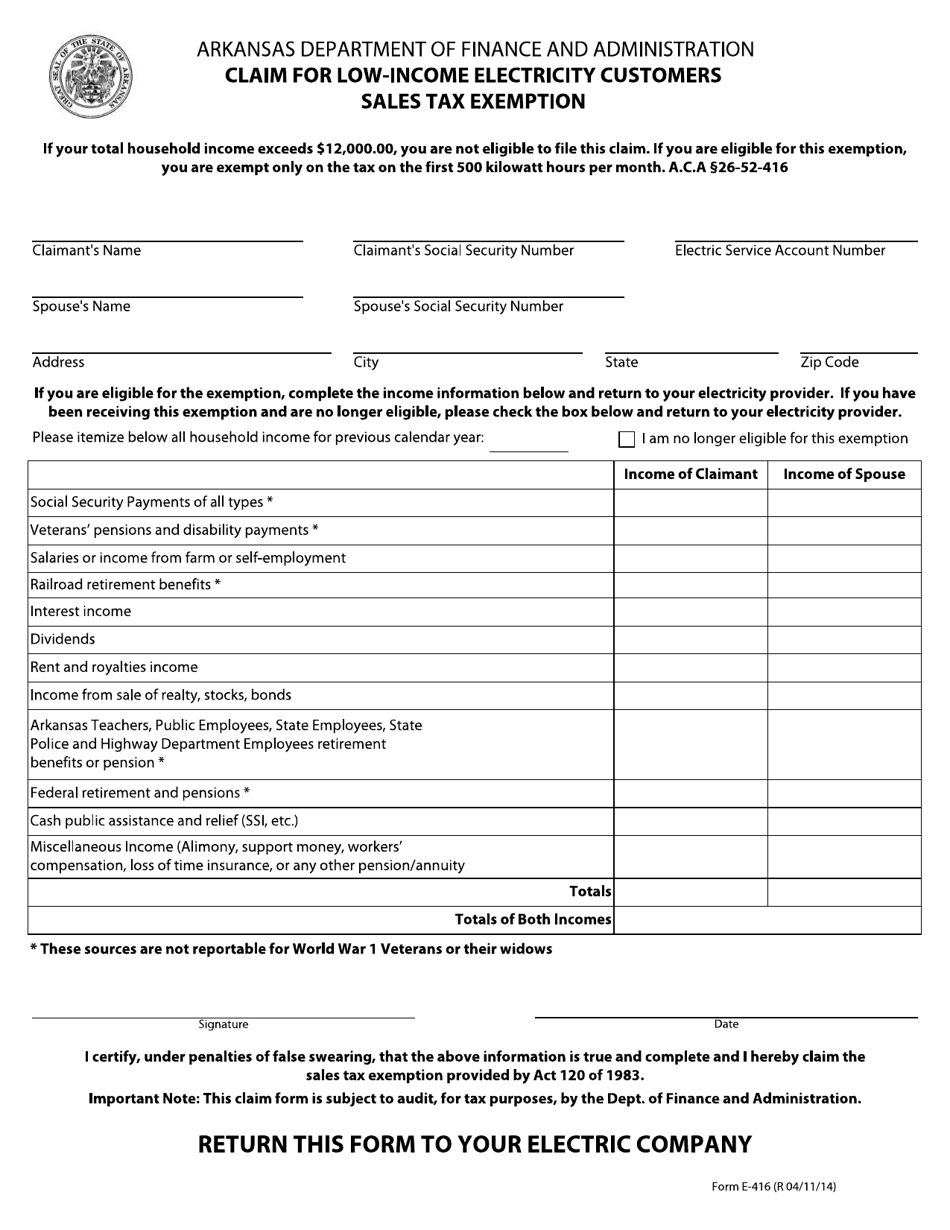 Form E-416 Claim for Low-Income Electricity Customers Sales Tax Exemption - Arkansas, Page 1