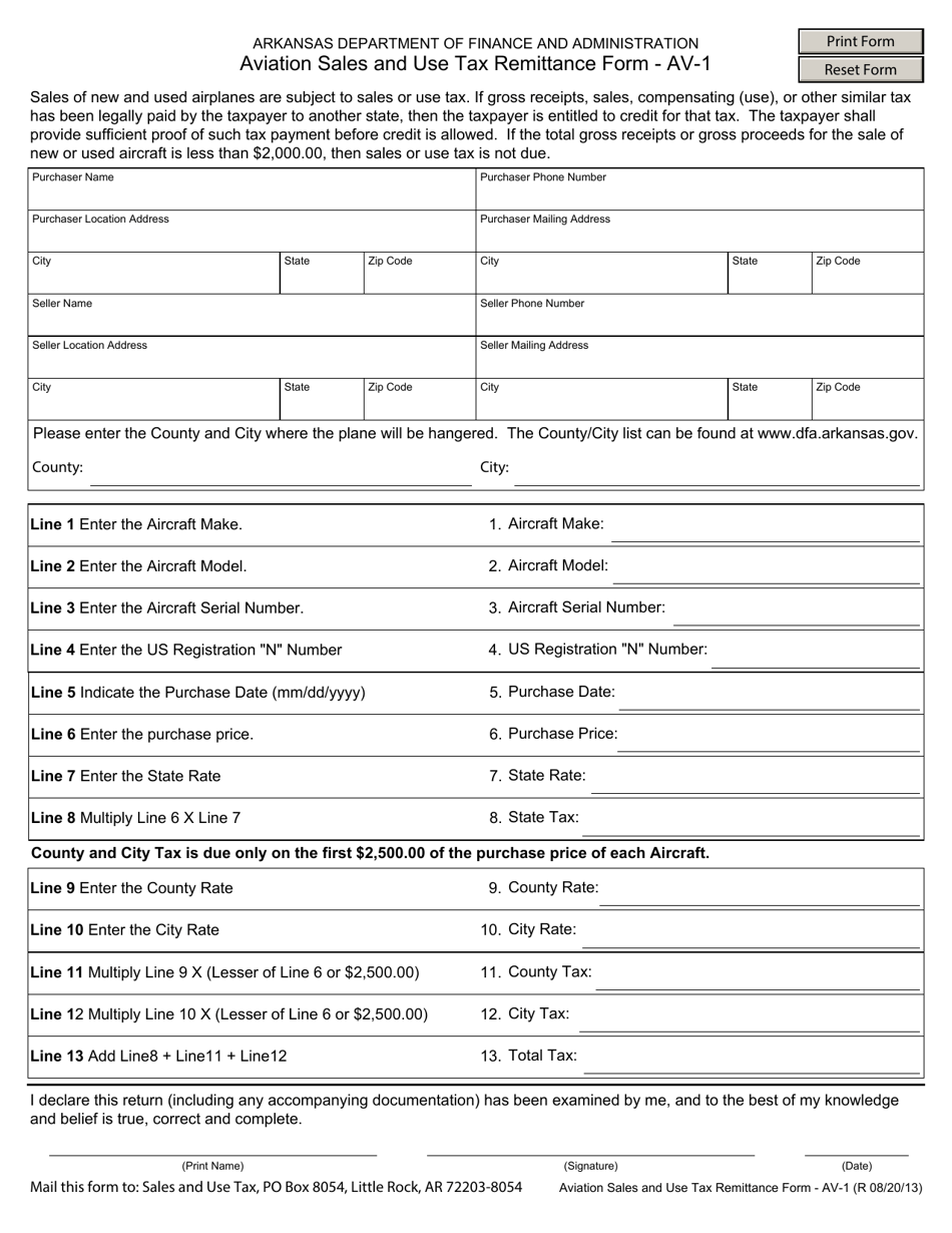 Form AV-1 Aviation Sales and Use Tax Remittance Form - Arkansas, Page 1