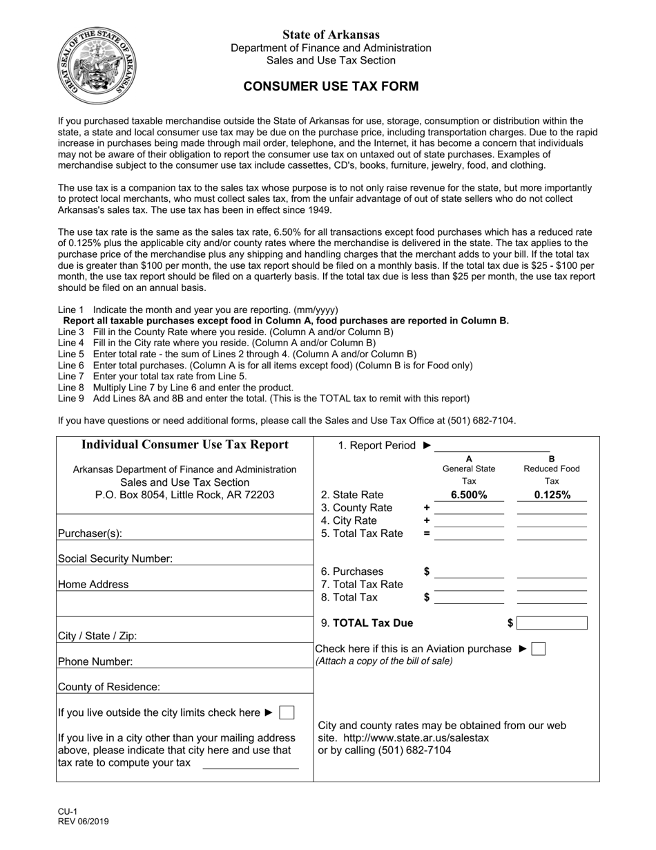 Form CU-1 Consumer Use Tax Form - Arkansas, Page 1