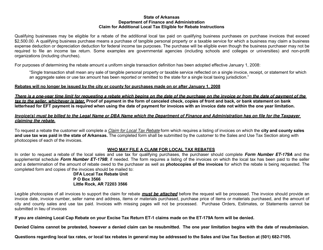 Document preview: Form ET-179A Claim for Local Tax Rebate Form - Arkansas
