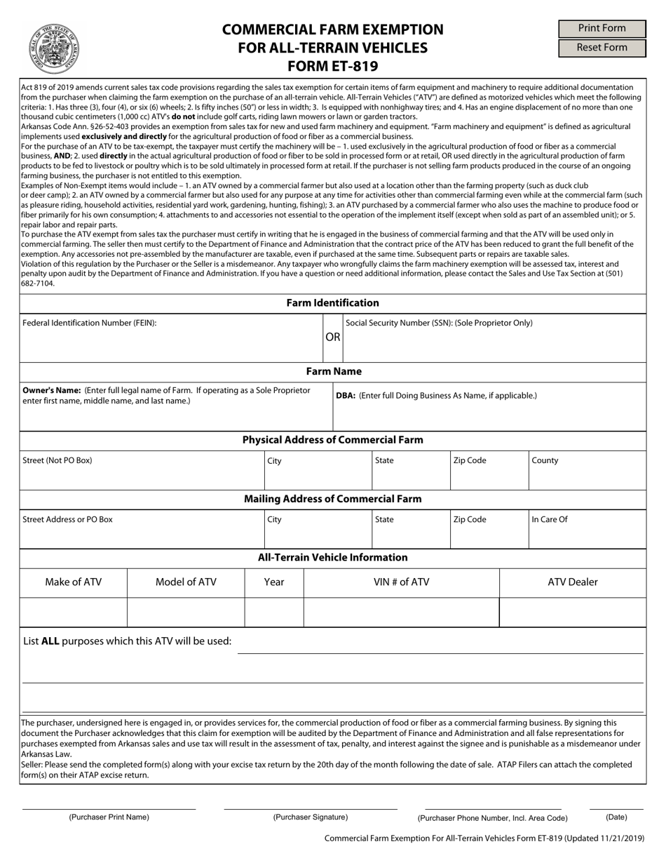 Form ET-819 Commercial Farm Exemption for All-terrain Vehicles - Arkansas, Page 1