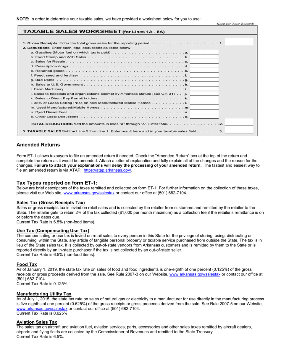 Download Instructions For Form Et 1 Arkansas Excise Tax Return Pdf 2020 Templateroller 5184