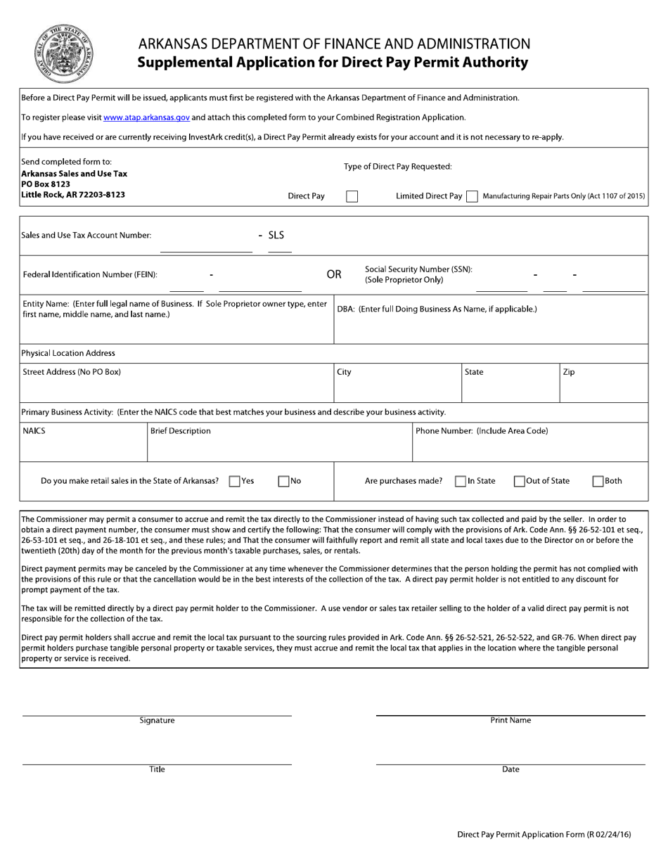 Supplemental Application for Direct Pay Permit Authority - Arkansas, Page 1