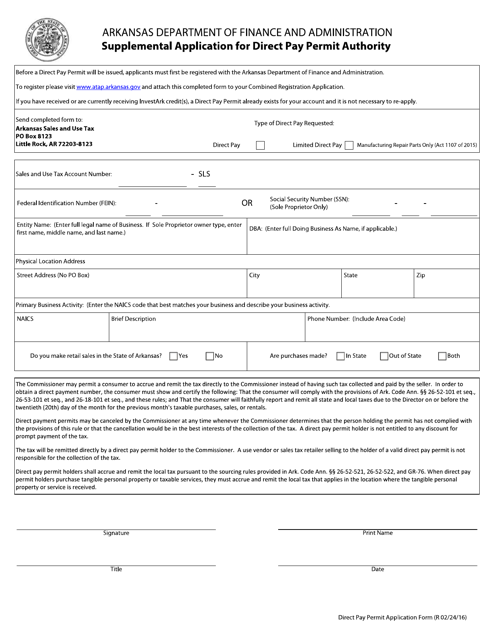Supplemental Application for Direct Pay Permit Authority - Arkansas Download Pdf