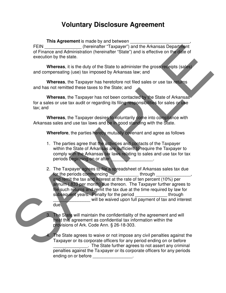 Voluntary Disclosure Agreement for Sales Tax - Arkansas, Page 1