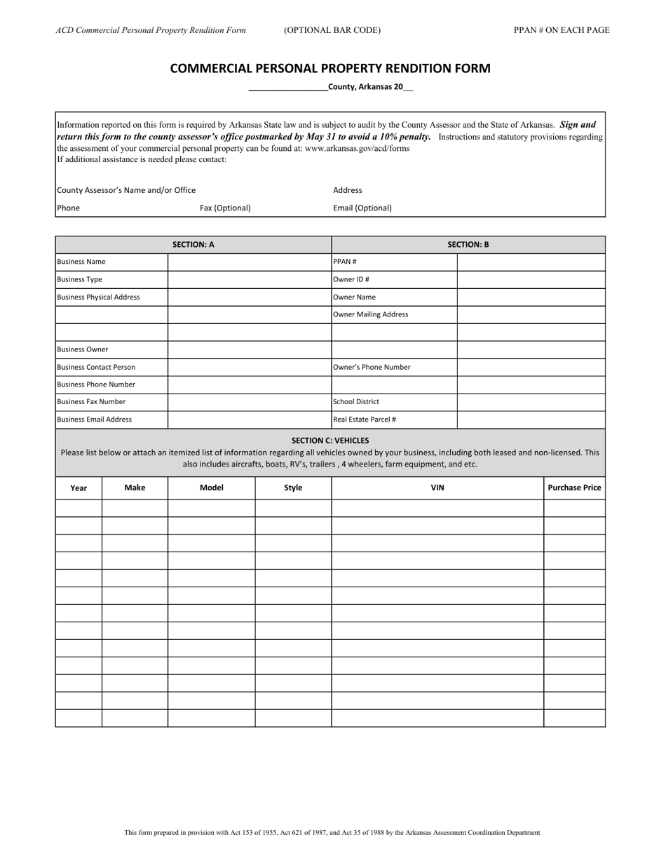 Commercial Personal Property Rendition Form - Arkansas, Page 1
