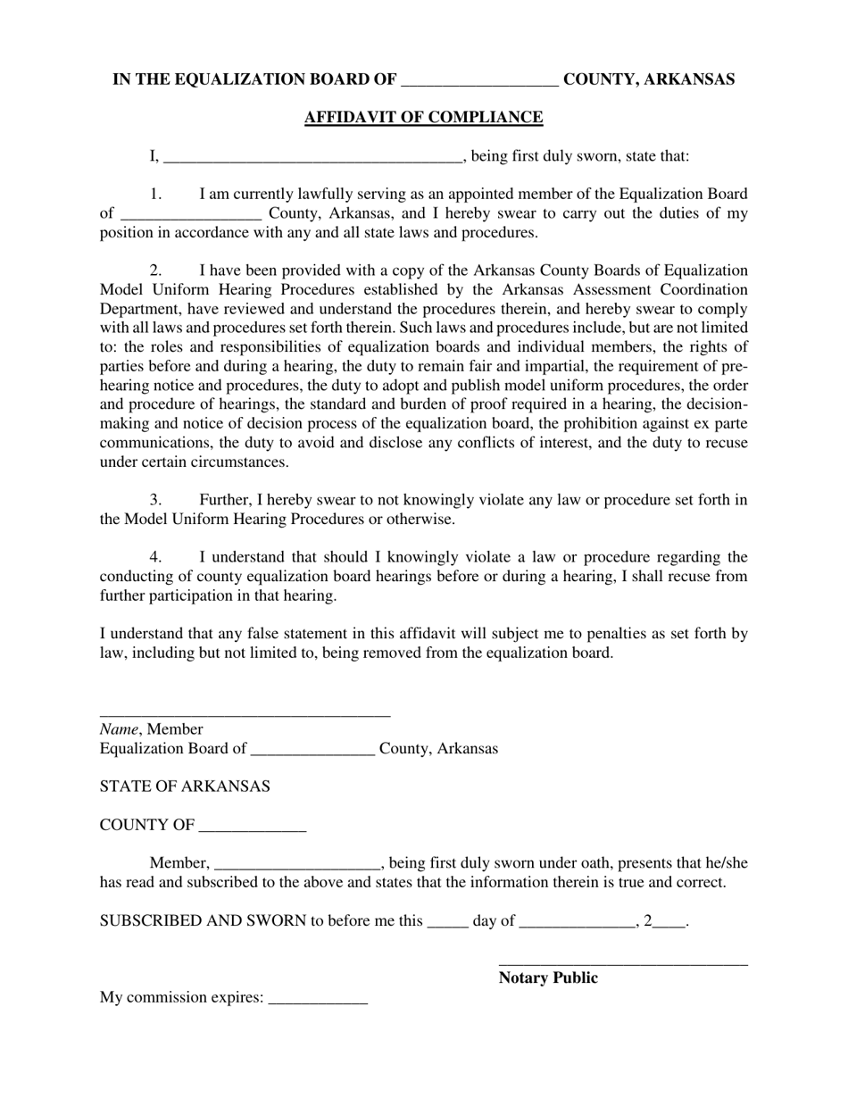 Affidavit of Compliance - Arkansas, Page 1
