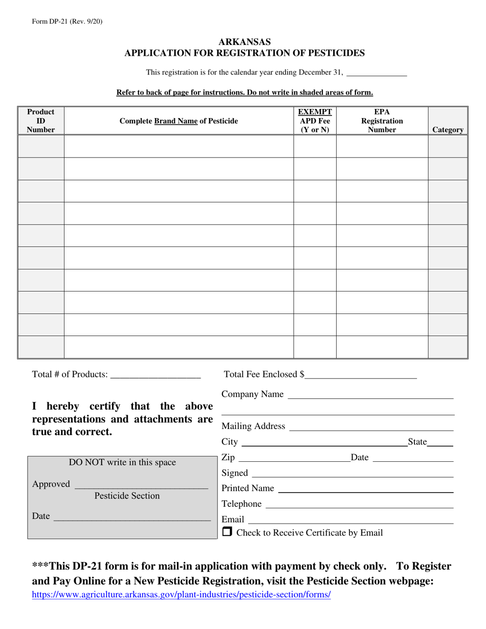 Form DP-21 Application for Registration of Pesticides - Arkansas, Page 1
