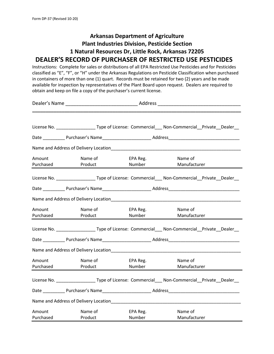 Form DP-37 Dealers Record of Purchaser of Restricted Use Pesticides - Arkansas, Page 1
