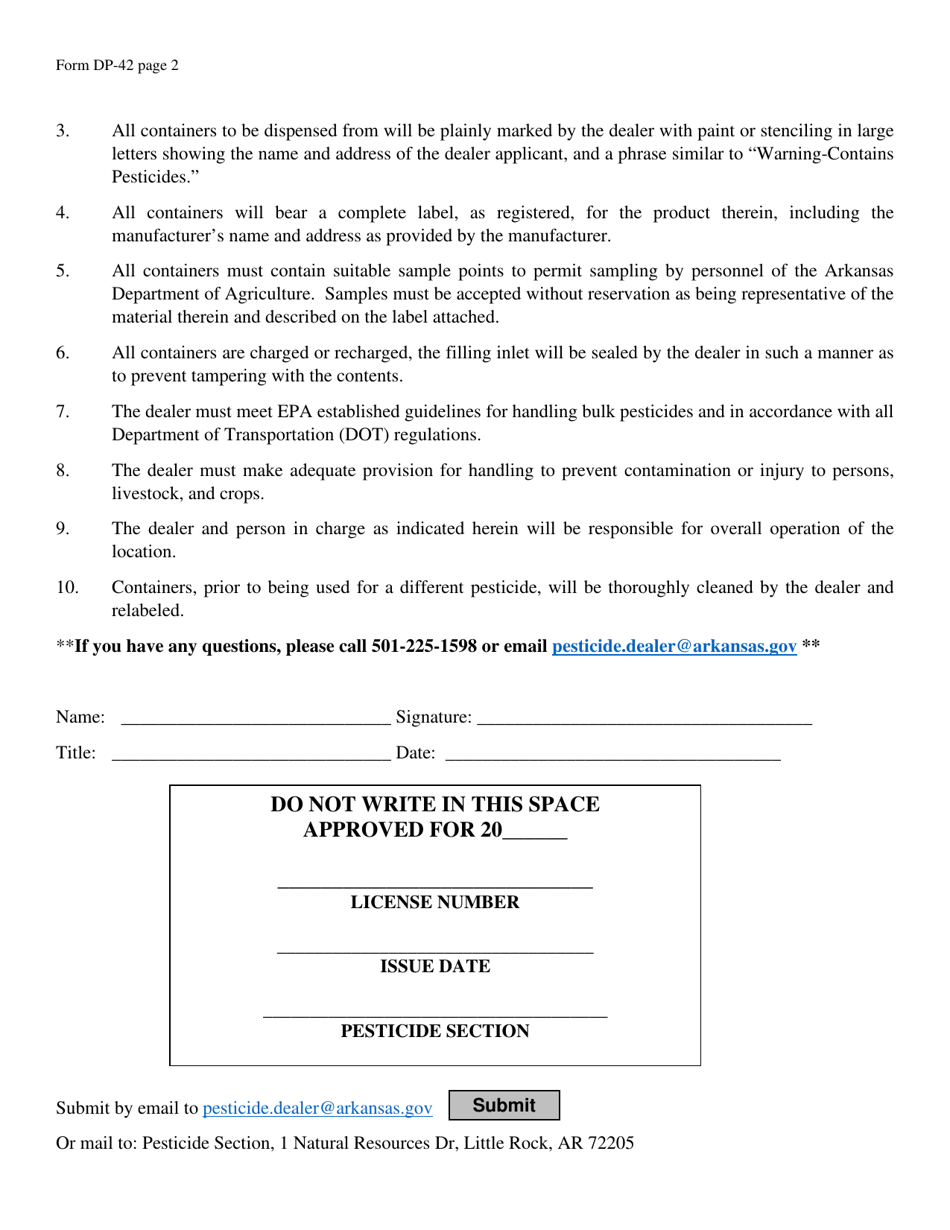 Form DP-42 Application for Permission to Deliver Bulk Pesticides to a Dealers Facility and Permission for the Dealer to Dispense Bulk Pesticides - Arkansas, Page 2