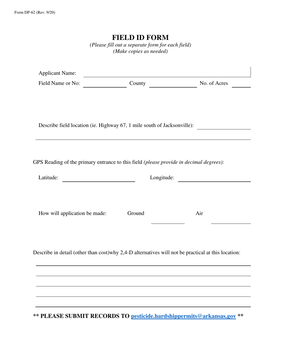Form DP-62 Field Id Form for 2,4-d Hardship Permit - Arkansas, Page 1