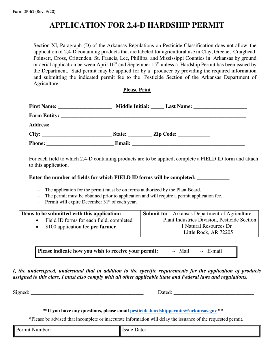 Form DP-61 Application for 2,4-d Hardship Permit - Arkansas, Page 1