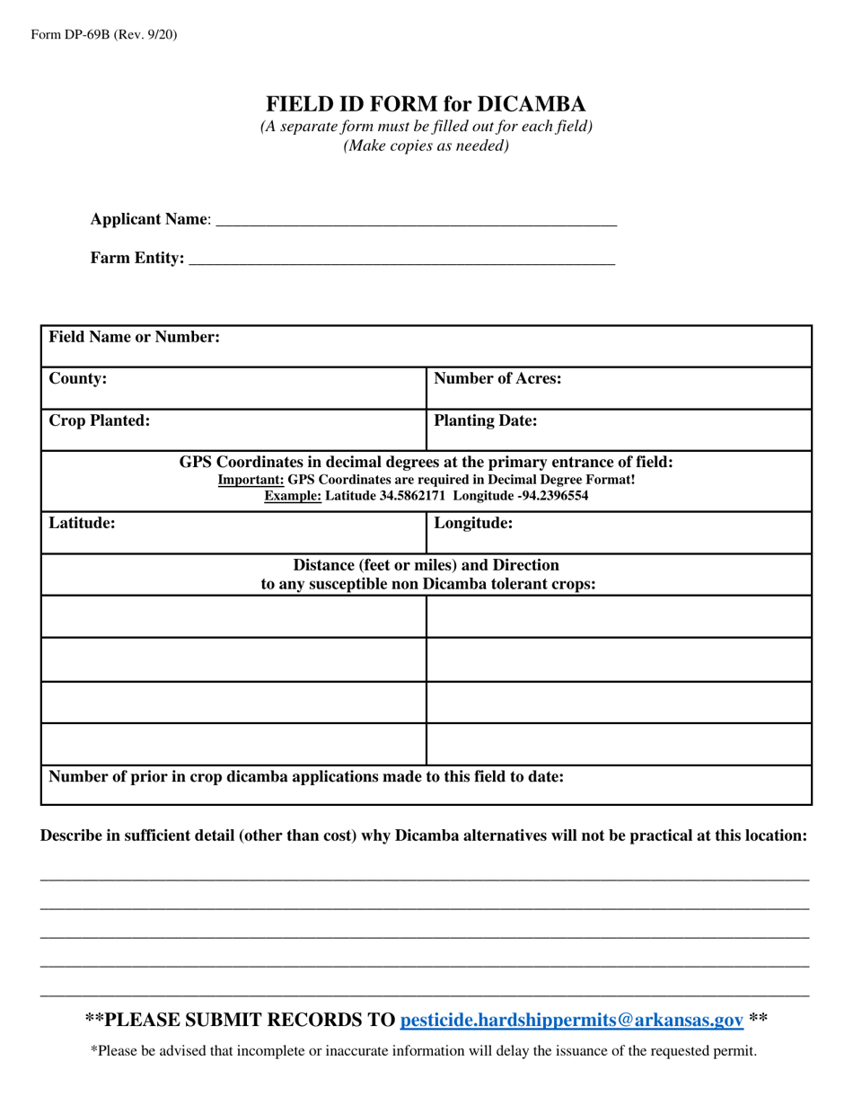 Form DP-69B Field Id Form for Dicamba Permit - Arkansas, Page 1