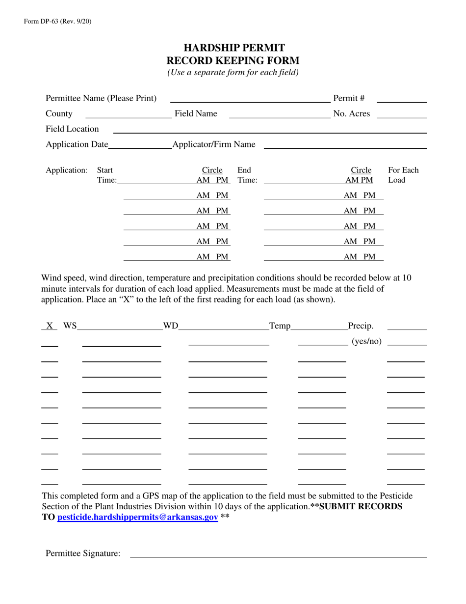 Form DP-63 Hardship Permit Record Keeping Form - Arkansas, Page 1