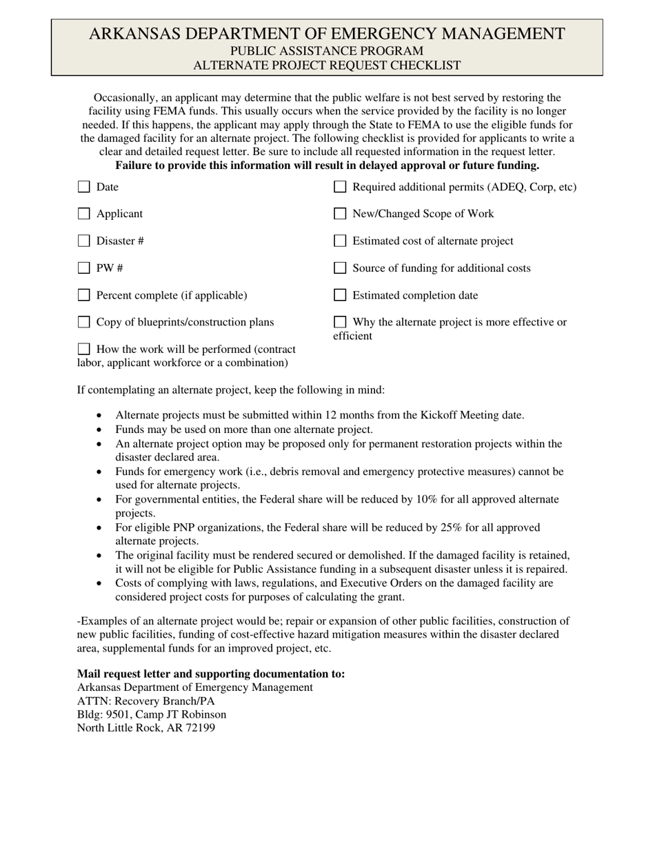 Alternative Project Request Checklist - Arkansas, Page 1