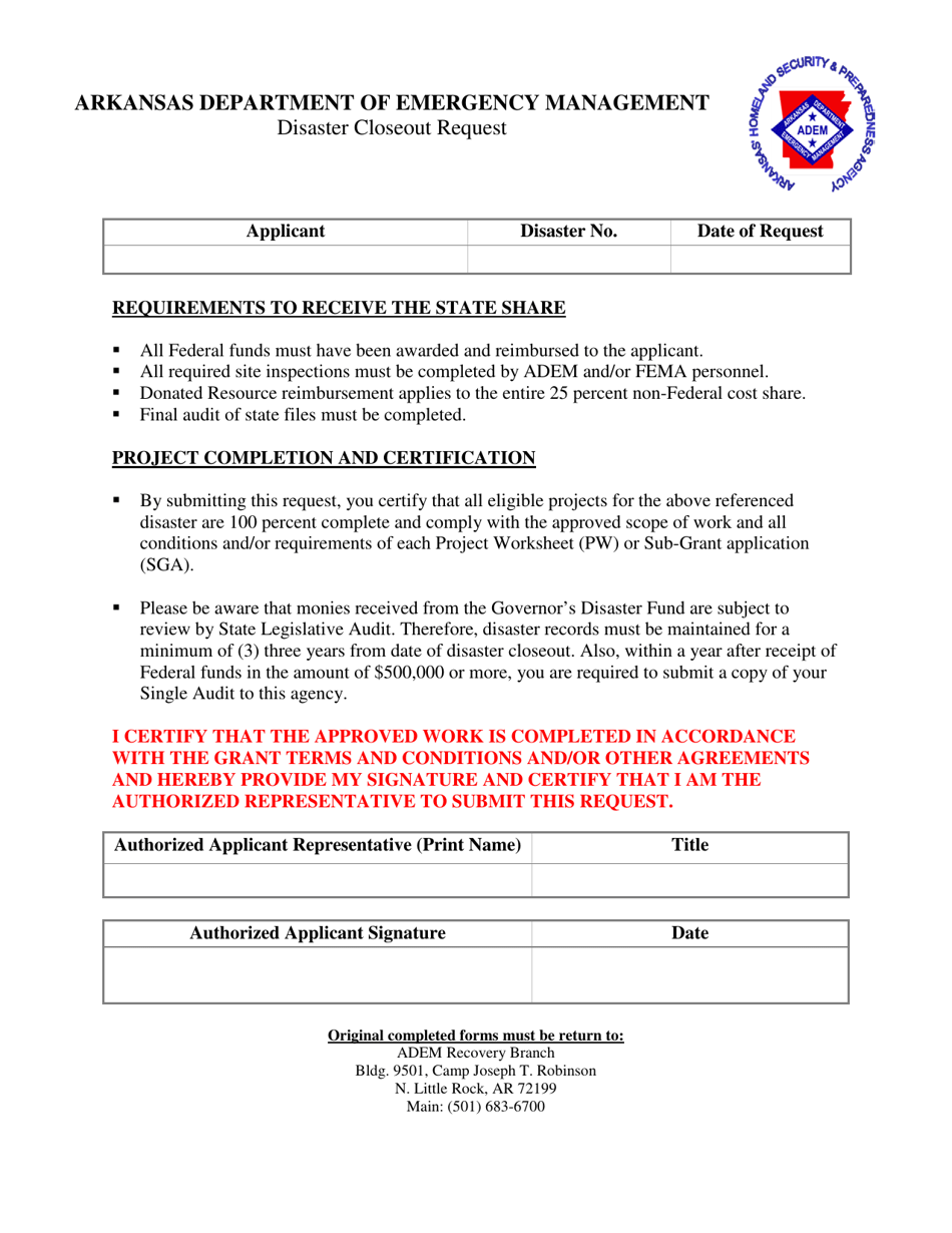 Disaster Closeout Request - Arkansas, Page 1