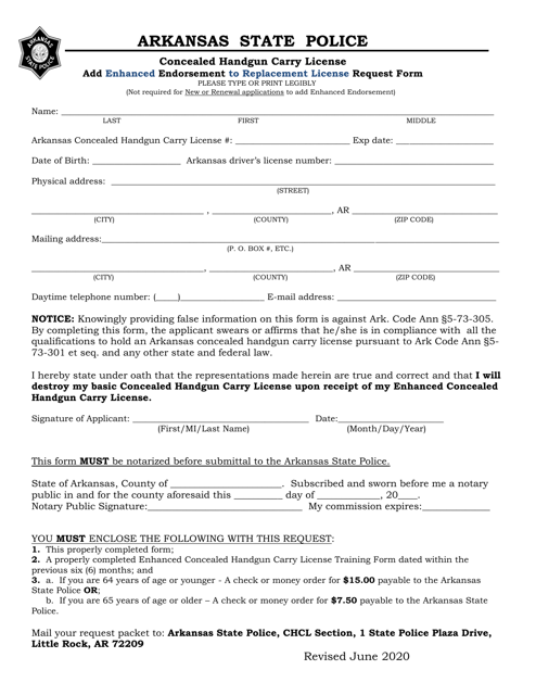 Concealed Handgun Carry License and Enhanced Endorsement to Replacement License Request Form - Arkansas Download Pdf