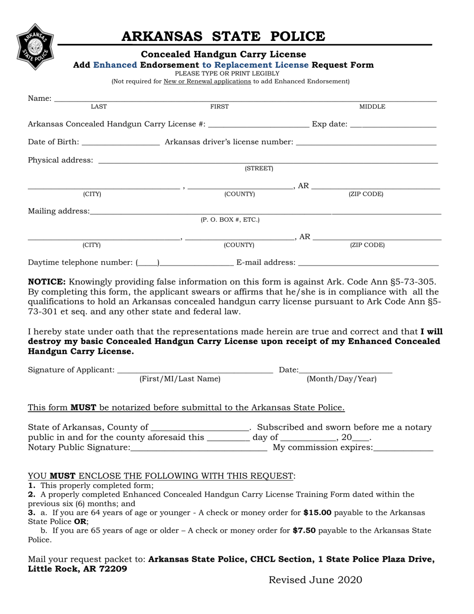 Concealed Handgun Carry License and Enhanced Endorsement to Replacement License Request Form - Arkansas, Page 1