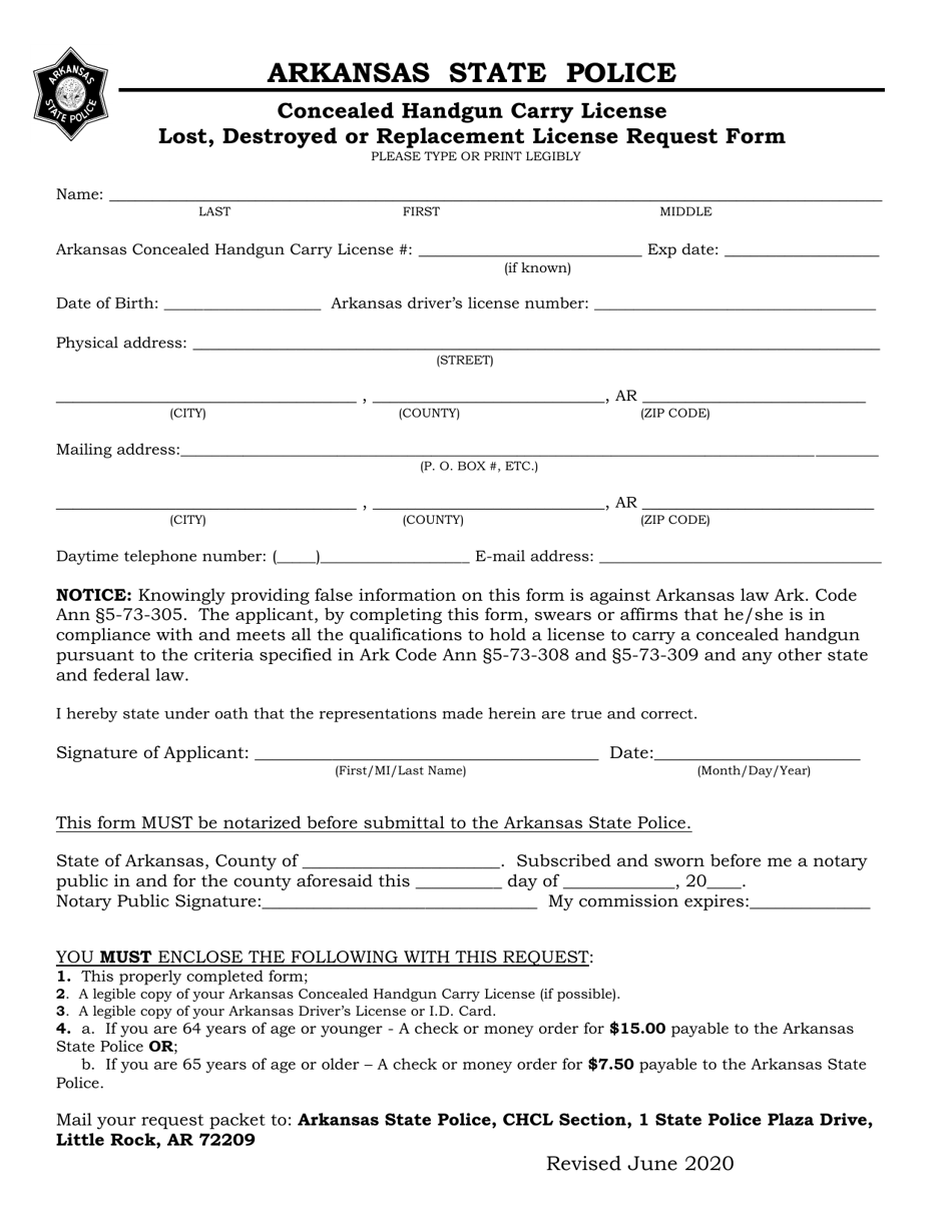 Concealed Handgun Carry License Lost, Destroyed or Replacement License Request Form - Arkansas, Page 1