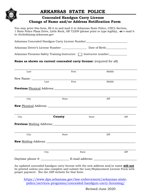 Concealed Handgun Carry License Change of Name and / or Address Notification Form - Arkansas Download Pdf
