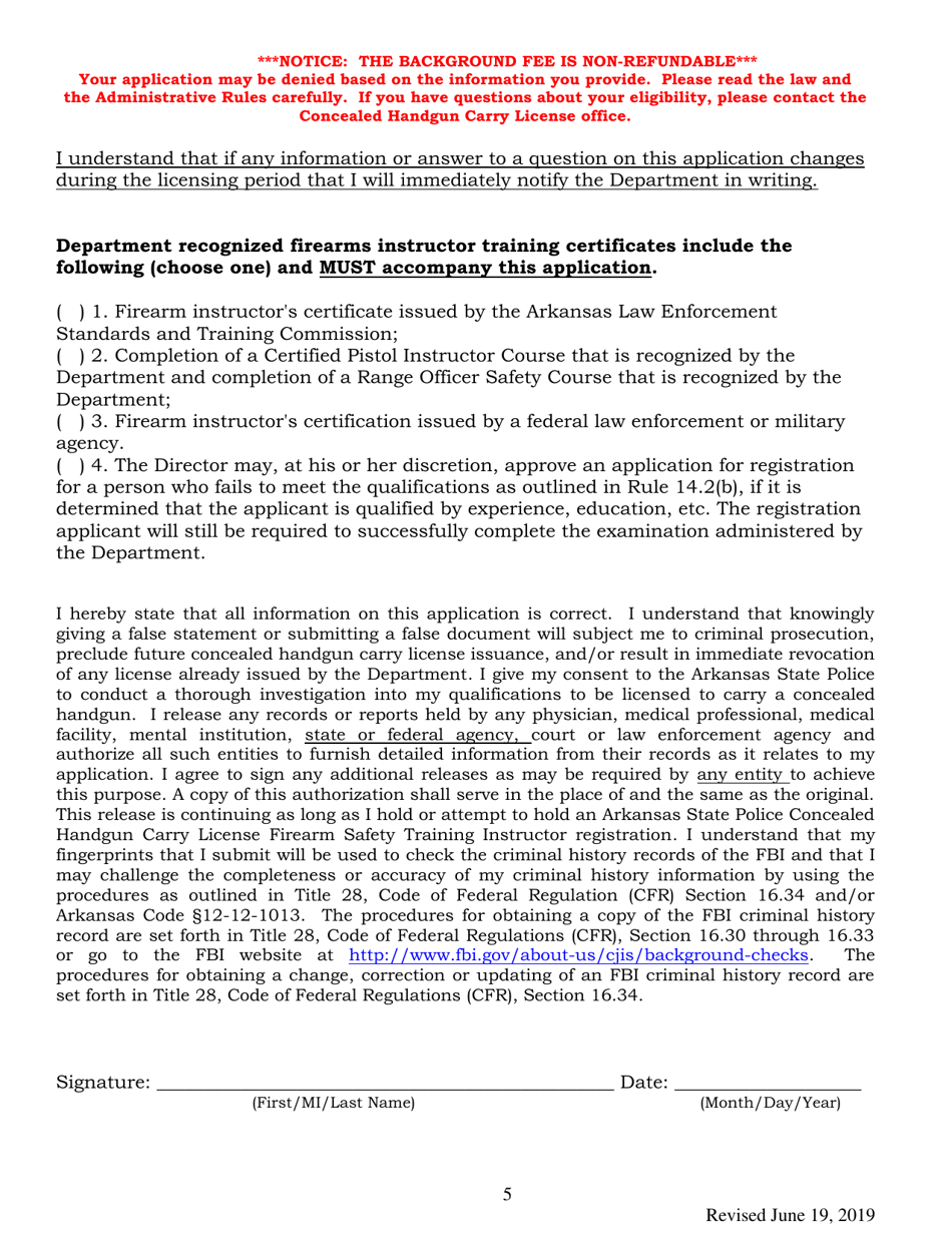 Concealed Handgun Carry License Firearms Safety Training Instructor Registration Application Form - Arkansas, Page 5