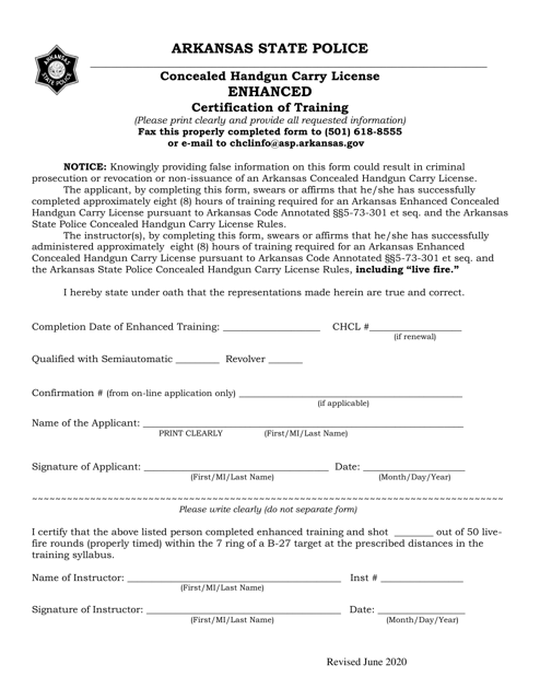 Concealed Handgun Carry License Enhanced Certification of Training - Arkansas Download Pdf