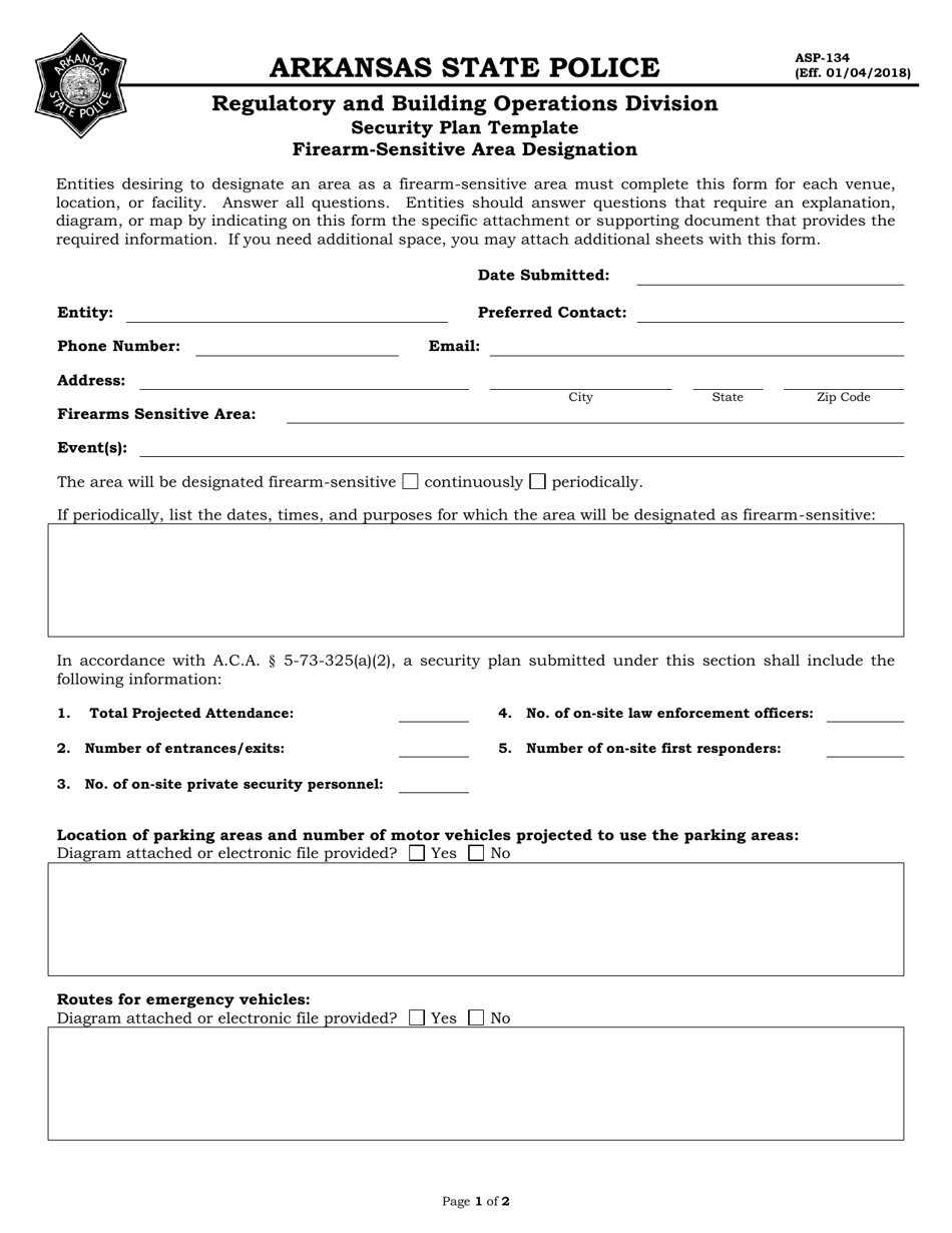 Form ASP-134 Security Plan Template - Firearm-Sensitive Area Designation - Arkansas, Page 1