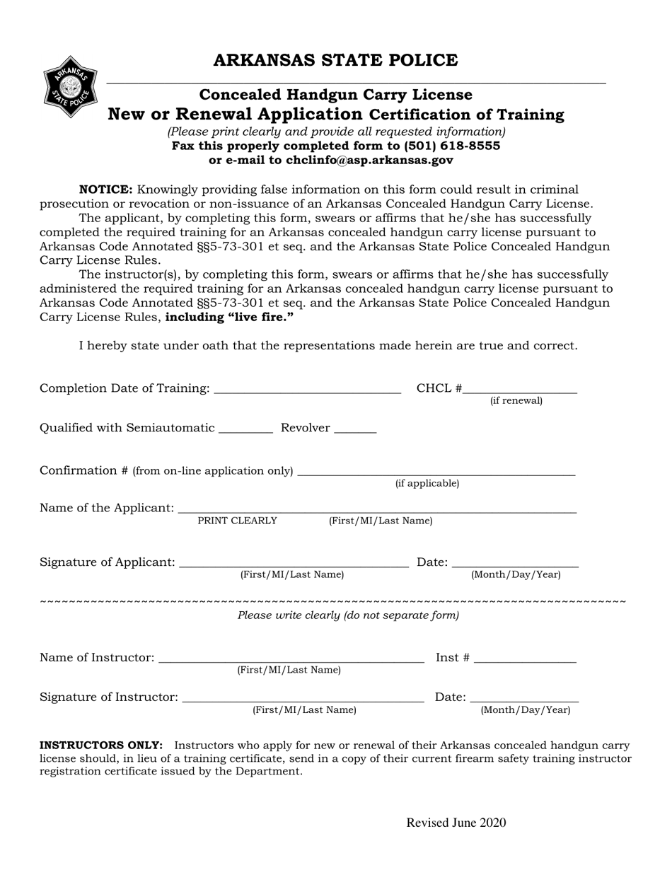 Concealed Handgun Carry License New or Renewal Application Certification of Training - Arkansas, Page 1