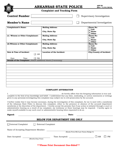 Form ASP-50 Complaint and Tracking Form - Arkansas