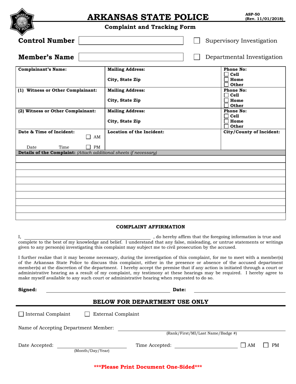 Form ASP-50 Complaint and Tracking Form - Arkansas, Page 1