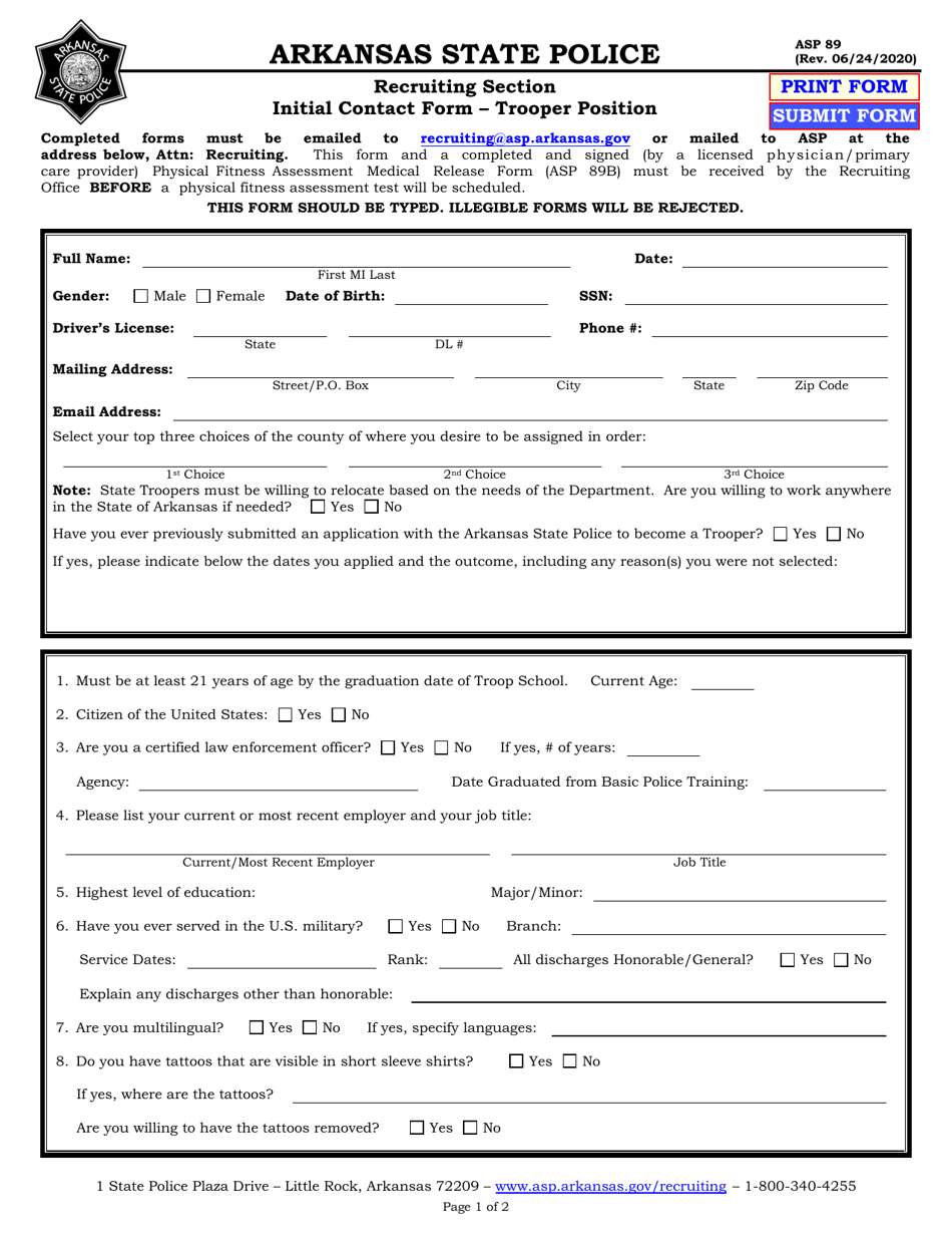 Form ASP89 Initial Contact Form - Trooper Position - Arkansas, Page 1