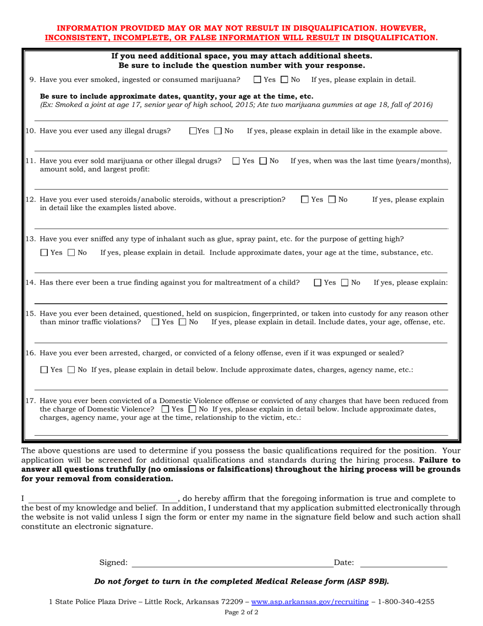 Form ASP89 Initial Contact Form - Trooper Position - Arkansas, Page 2