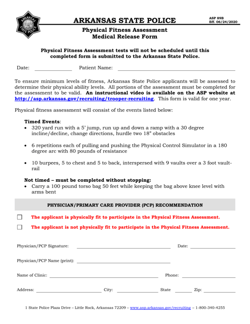 Form ASP89B Physical Fitness Assessment Medical Release Form - Arkansas