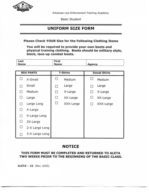 Form ALETA-22 Uniform Size Form - Arkansas