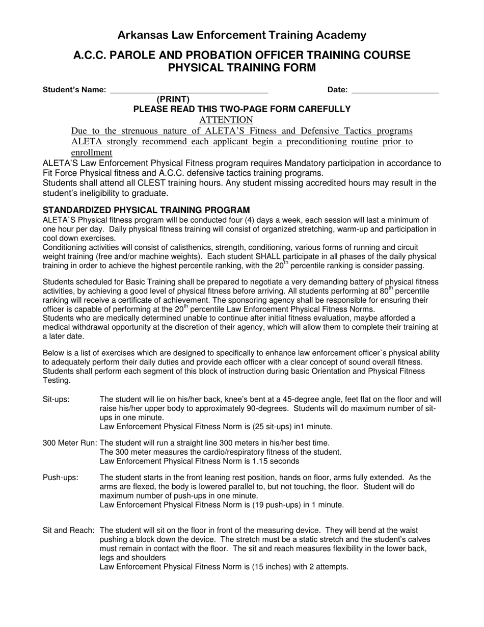 Form ALETA-2 A.c.c. Parole and Probation Officer Training Course Physical Training Form - Arkansas, Page 1