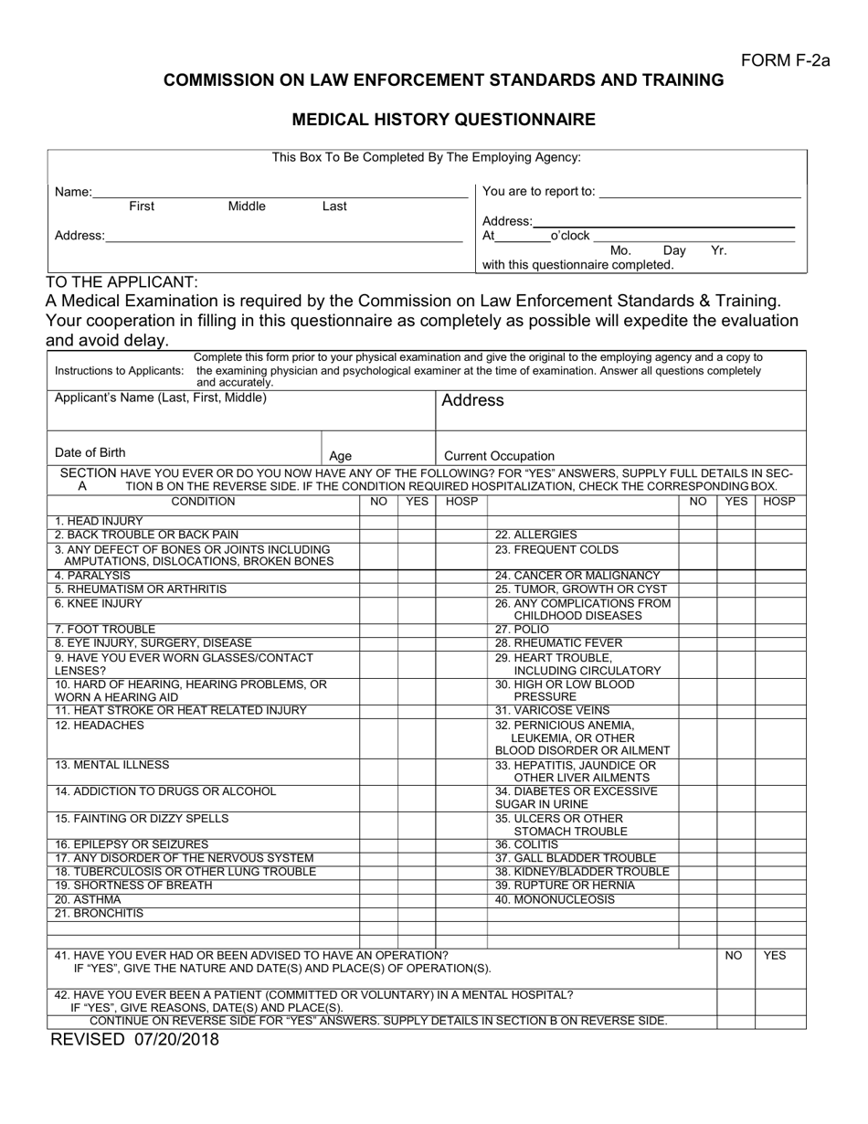 Form F-2A Medical History Questionnaire - Arkansas, Page 1