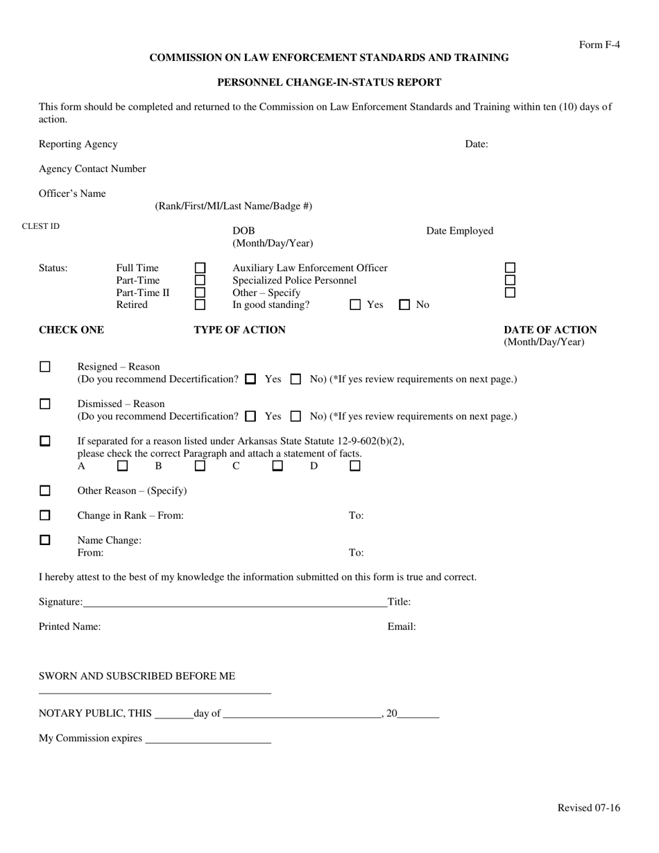 Form F-4 Personnel Change-In-status Report - Arkansas, Page 1