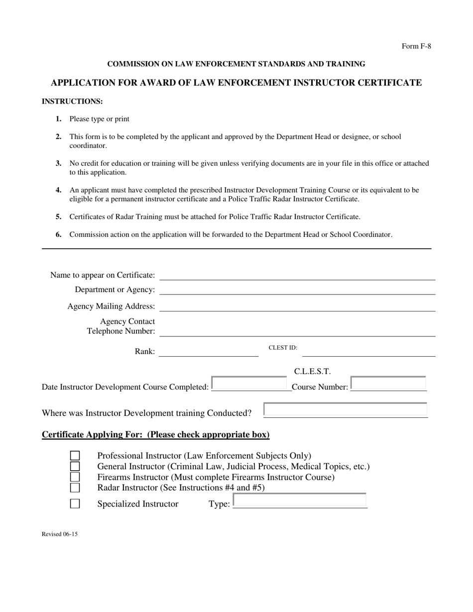 Form F-8 Application for Award of Law Enforcement Instructor Certificate - Arkansas, Page 1
