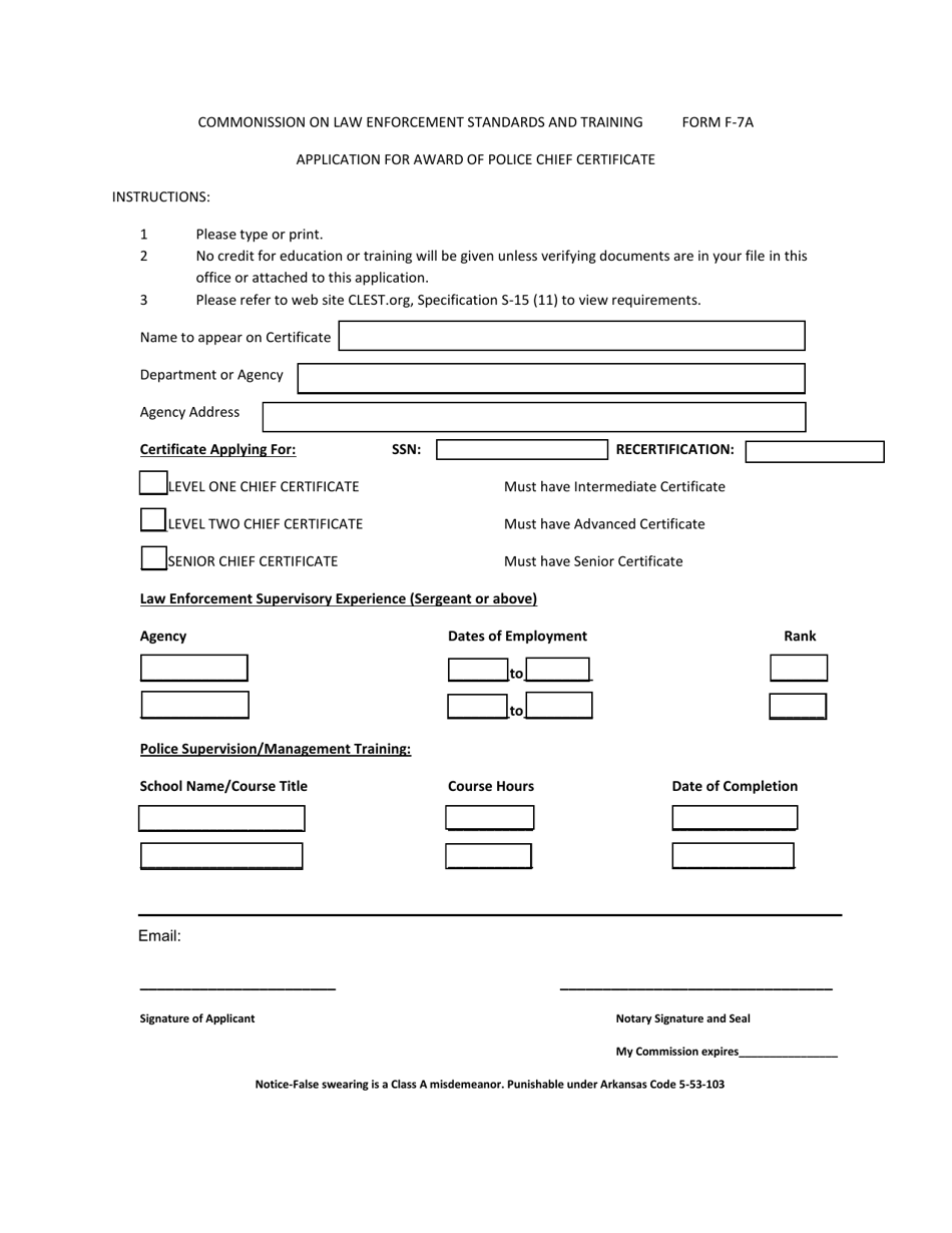 Form F-7A Application for Award of Police Chief Certificate - Arkansas, Page 1